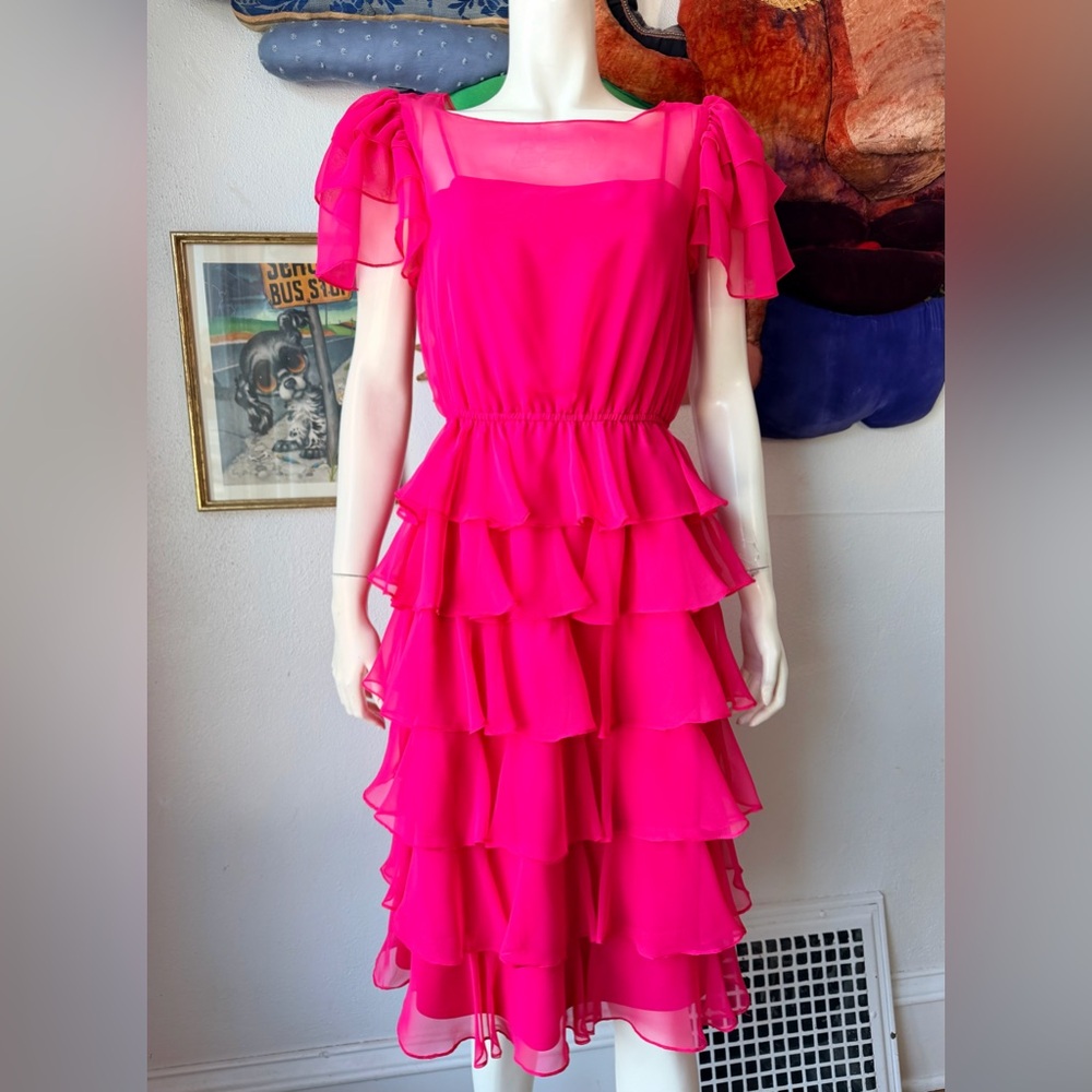 1970s PINK CHIFFON RUFFLES DRESS Vintage Ruffled Fluttery Sleeves Romantic 1980s - Picture 2 of 8